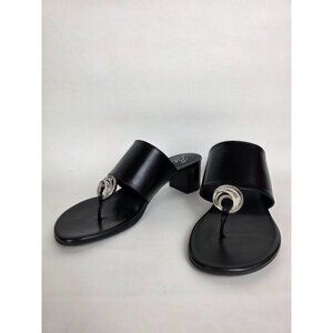 Brighton Katia Jeweled Black Leather Thong Sandals Block Heel Size 10 Silver